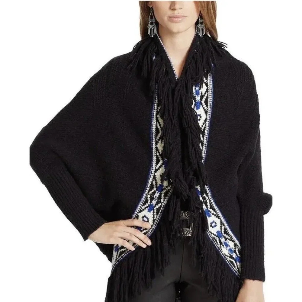Polo Ralph Lauren Southwestern Black Wool Blend Fringe Poncho  Shawl